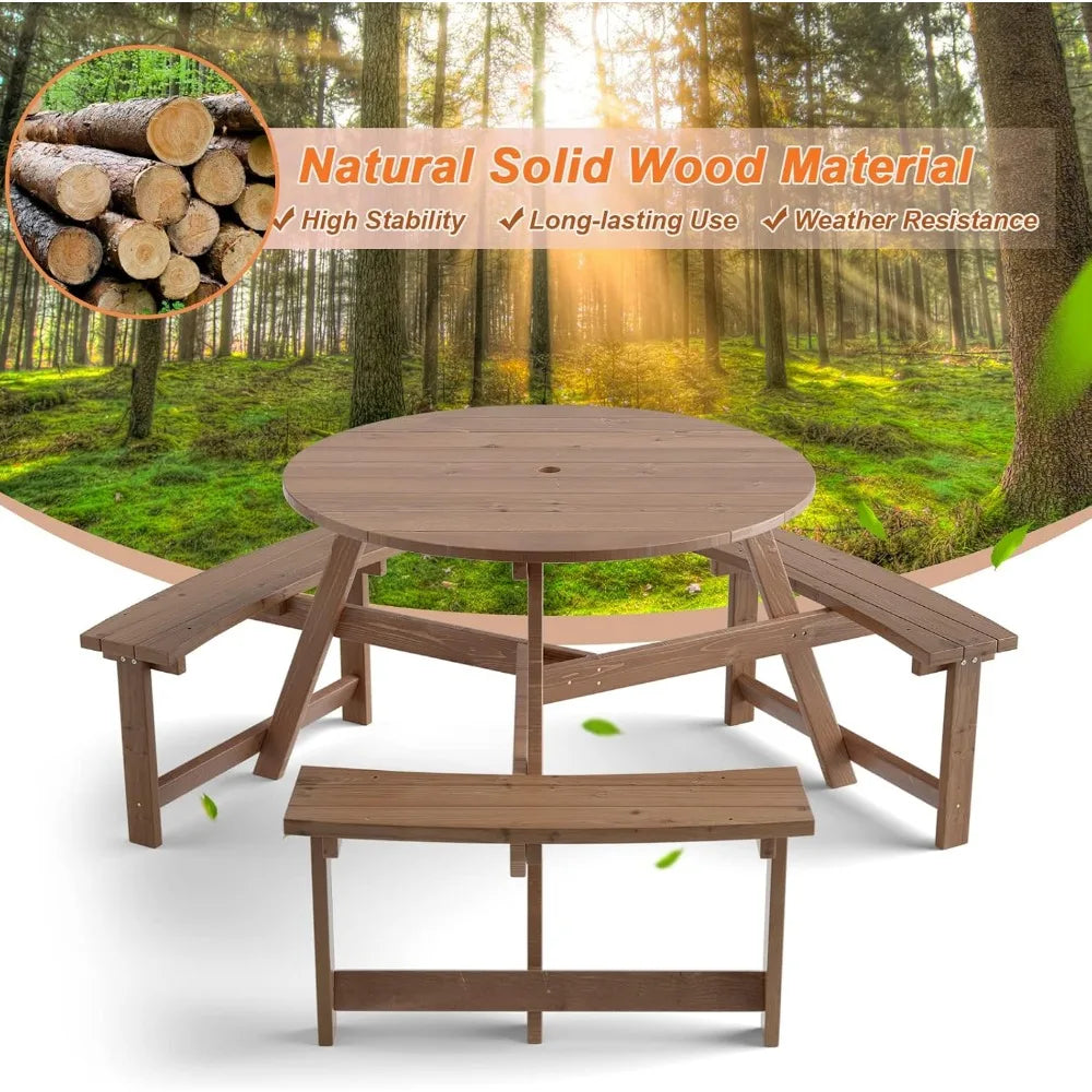 Wooden Picnic Table Bench Set with Umbrella